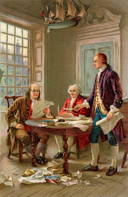 Thomas Jefferson, Benjamin Franklin and John Adams writing and reviewing the Declaration of Independence